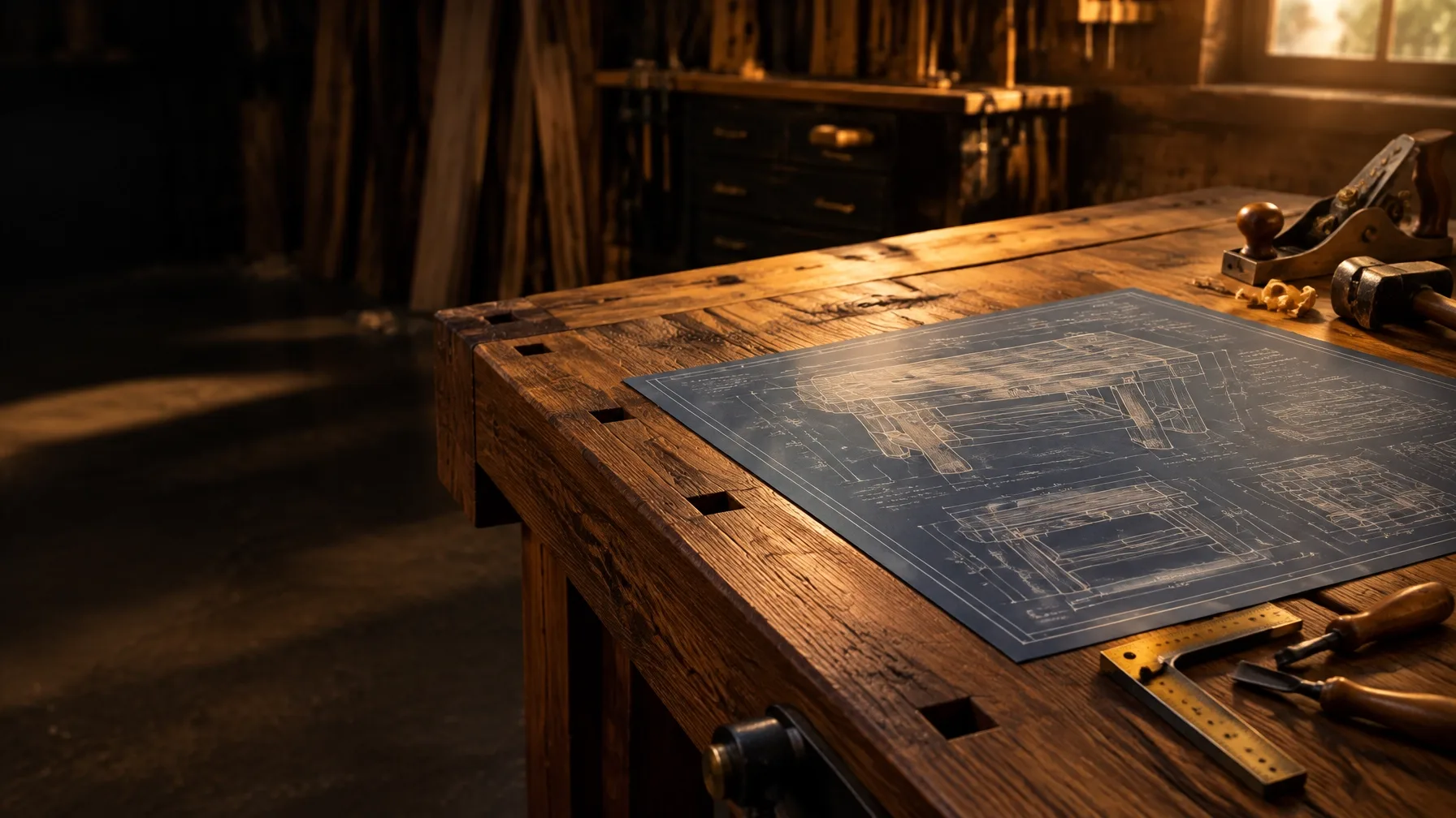 Warmly lit custom hardwood table with Nordic-inspired joinery in a carpentry shop