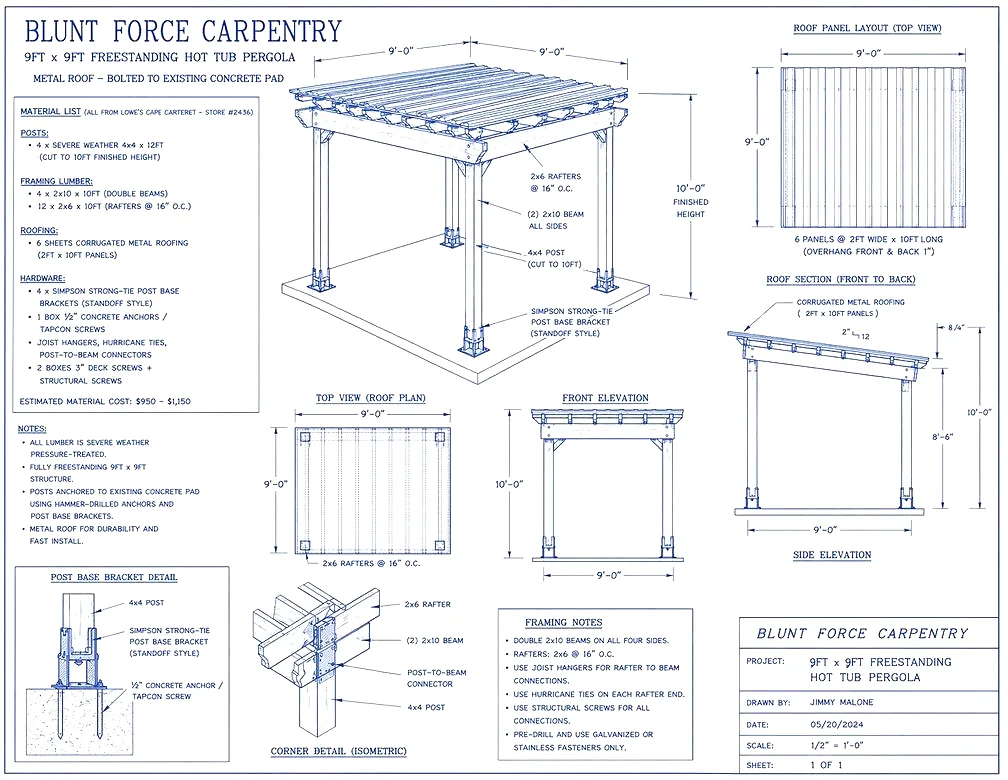 Blueprint-style pergola project drawing, view 1