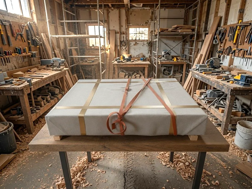 Wrapped finished custom table prepared for delivery in a woodworking shop, view 1